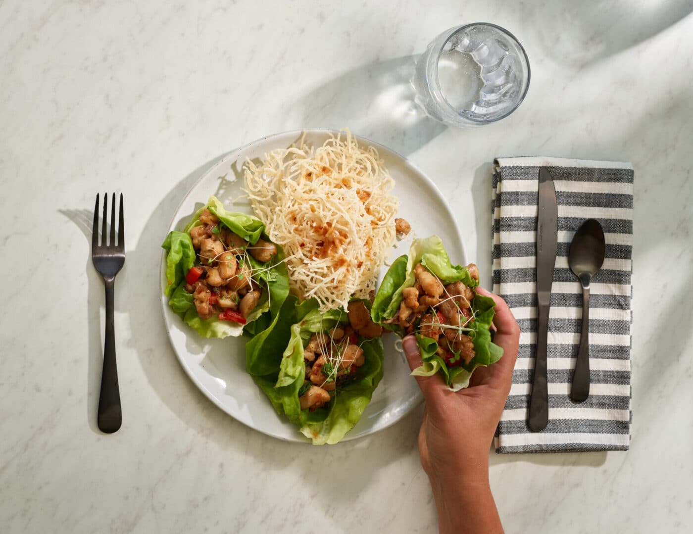 Overhead photo of a lettuce wrap dish